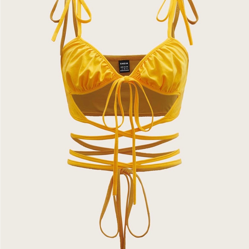 SHEIN Yellow Tie Front Strappy Crop Top | Festival Party Clubwear